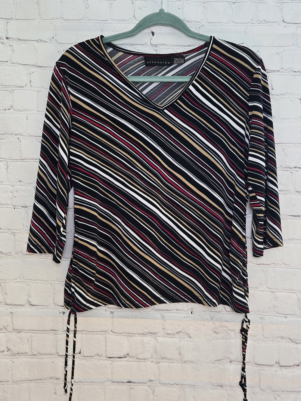 Attention Black Multicolor Diagonal Stripe V-Neck Tie-Hem Whimsigoth Dark Fairy